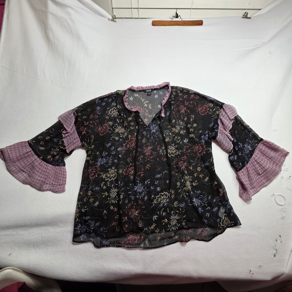 a.n.a Womens XL Floral Sheer Blouse Ruffle Bell Sleeve V-Neck Tie Top Black Mauv